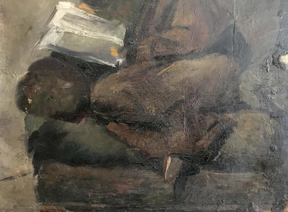 Oil painting of woman reading by Ryangina S. V., textured earth tones