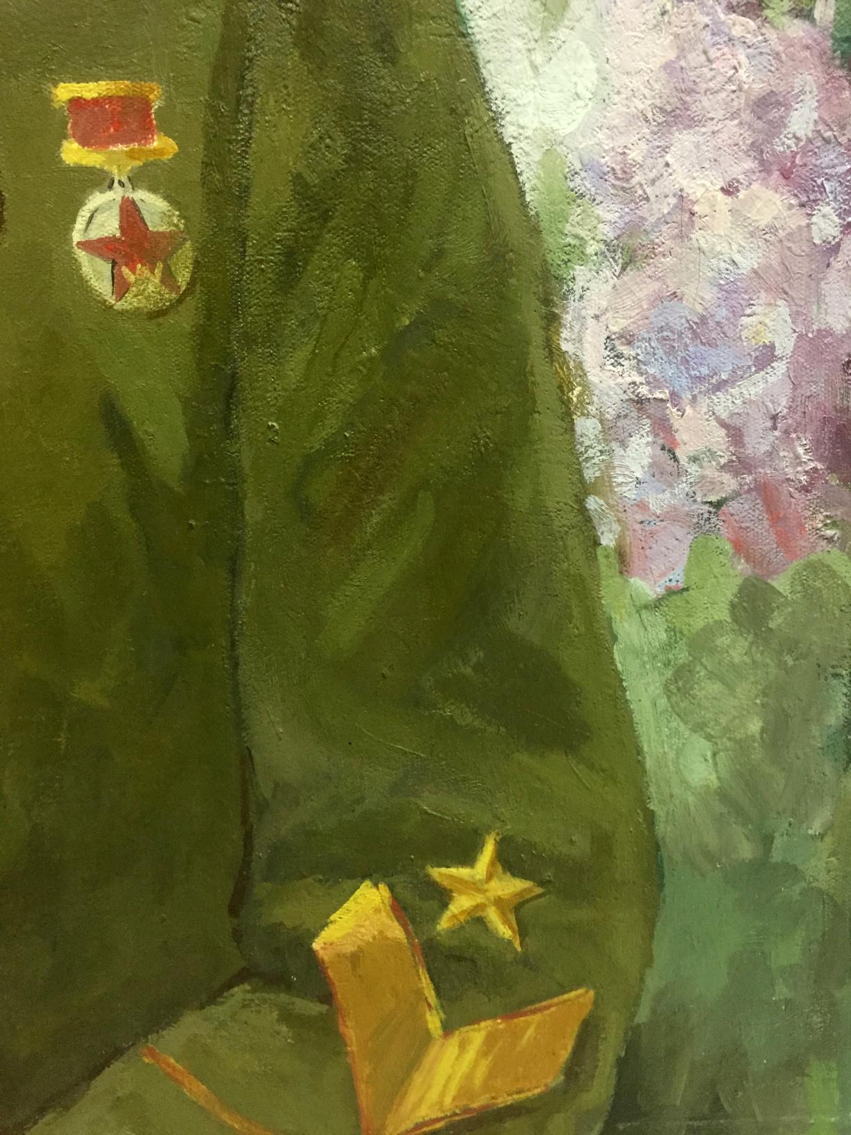 Oil painting portrait of Kirponos M by Shirokov Anatoly Georgievich in olive green military jacket with gold star insignia and red-starmed medal
