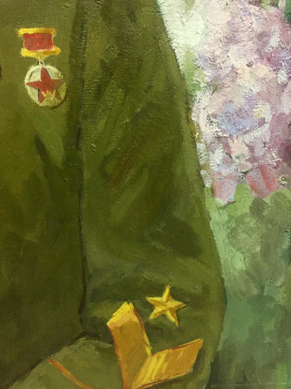 Oil painting portrait of Kirponos M by Shirokov Anatoly Georgievich in olive green military jacket with gold star insignia and red-starmed medal