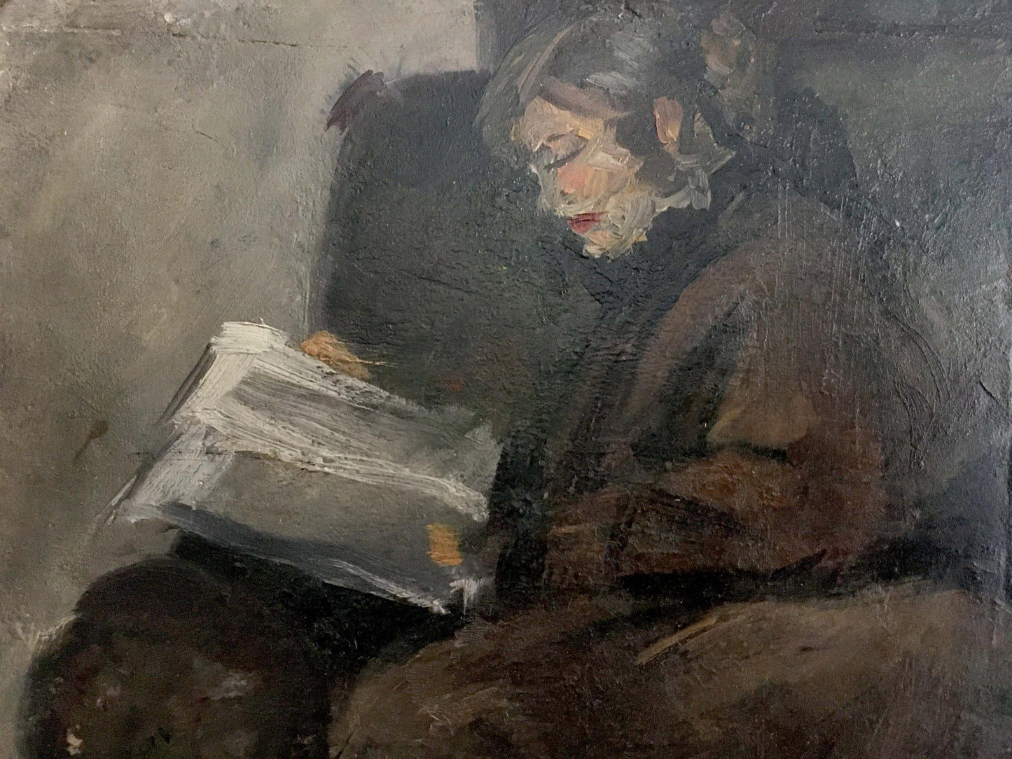 Oil painting of woman reading by Ryangina S. V. in muted browns and grays