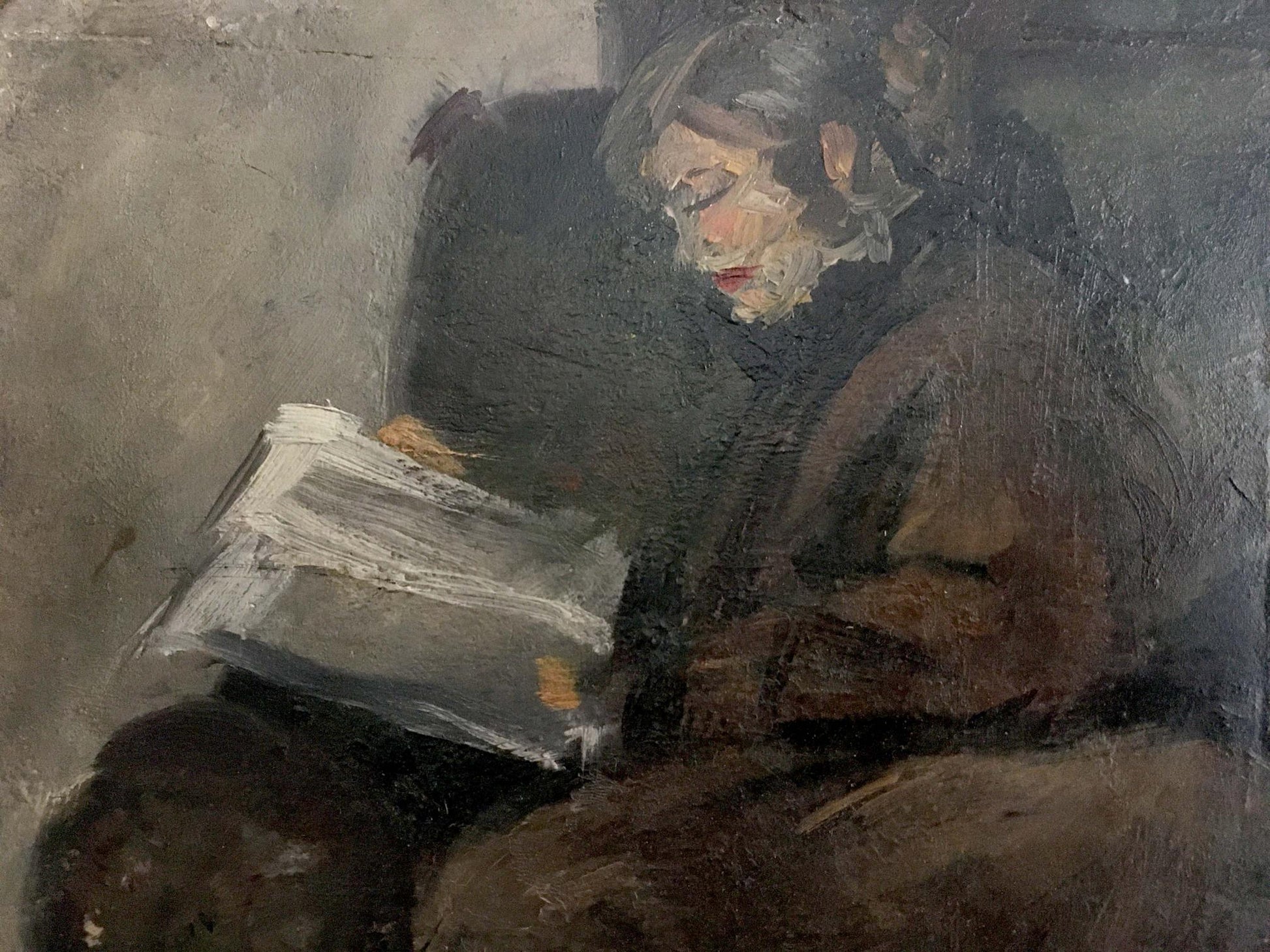 Oil painting of woman reading by Ryangina S. V. in muted browns and grays