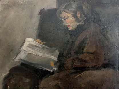Oil painting of woman reading by Ryangina S. V. in muted browns and grays