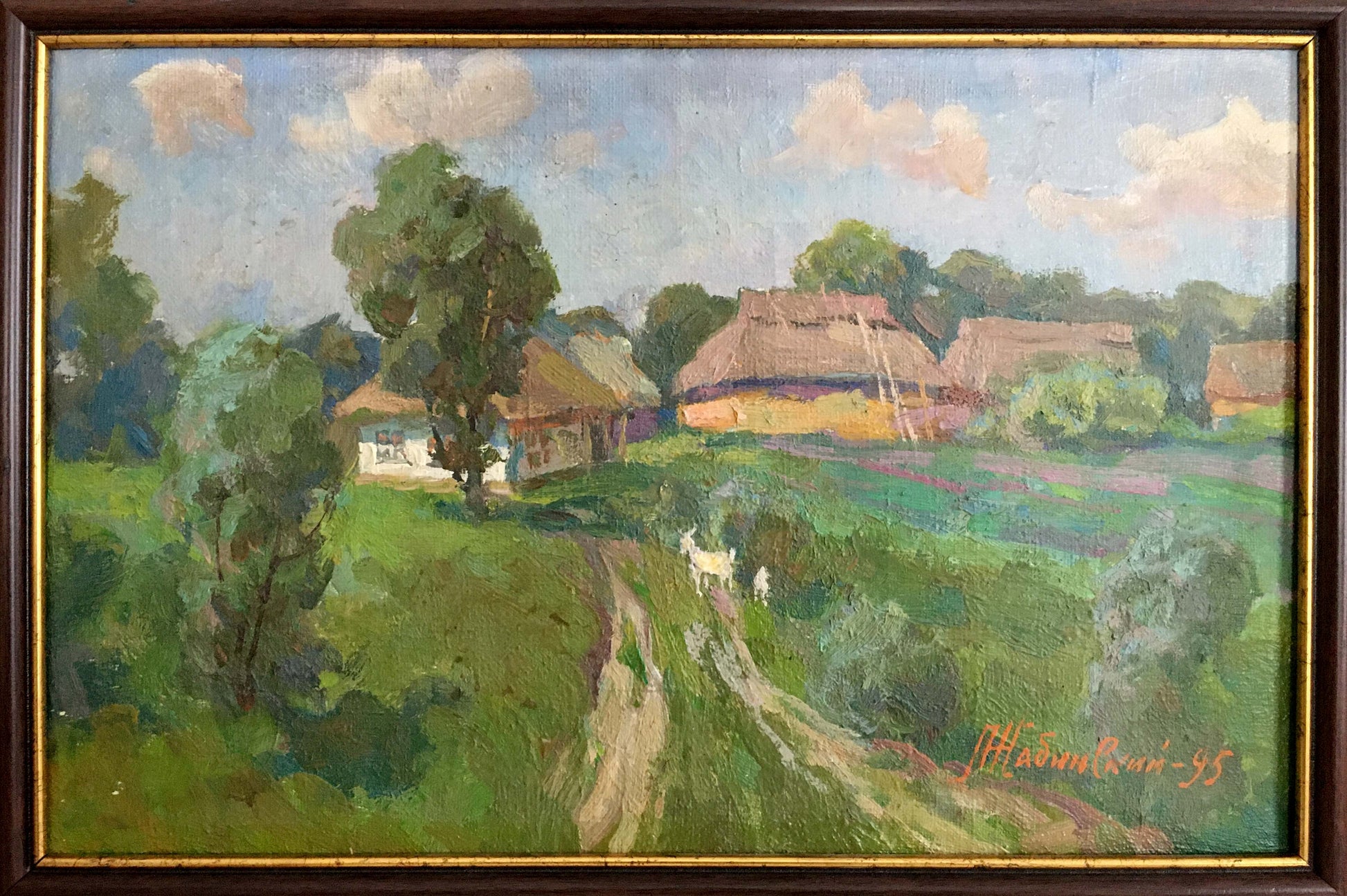 Framed oil painting of rustic village landscape by Zhabinsky Leonid Andreevich