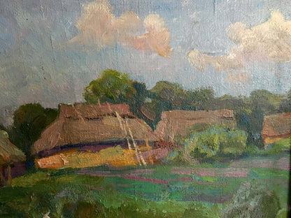 Rustic oil painting of thatched cottage by Zhabinsky Leonid Andreevich