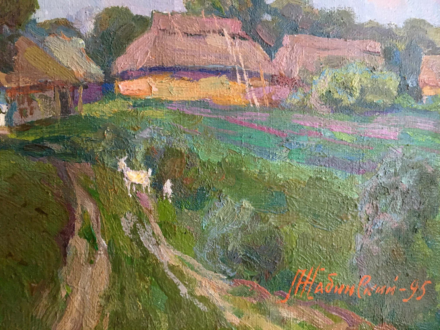 Vibrant 1953 oil painting of village landscape by Zhabinsky Leonid Andreevich