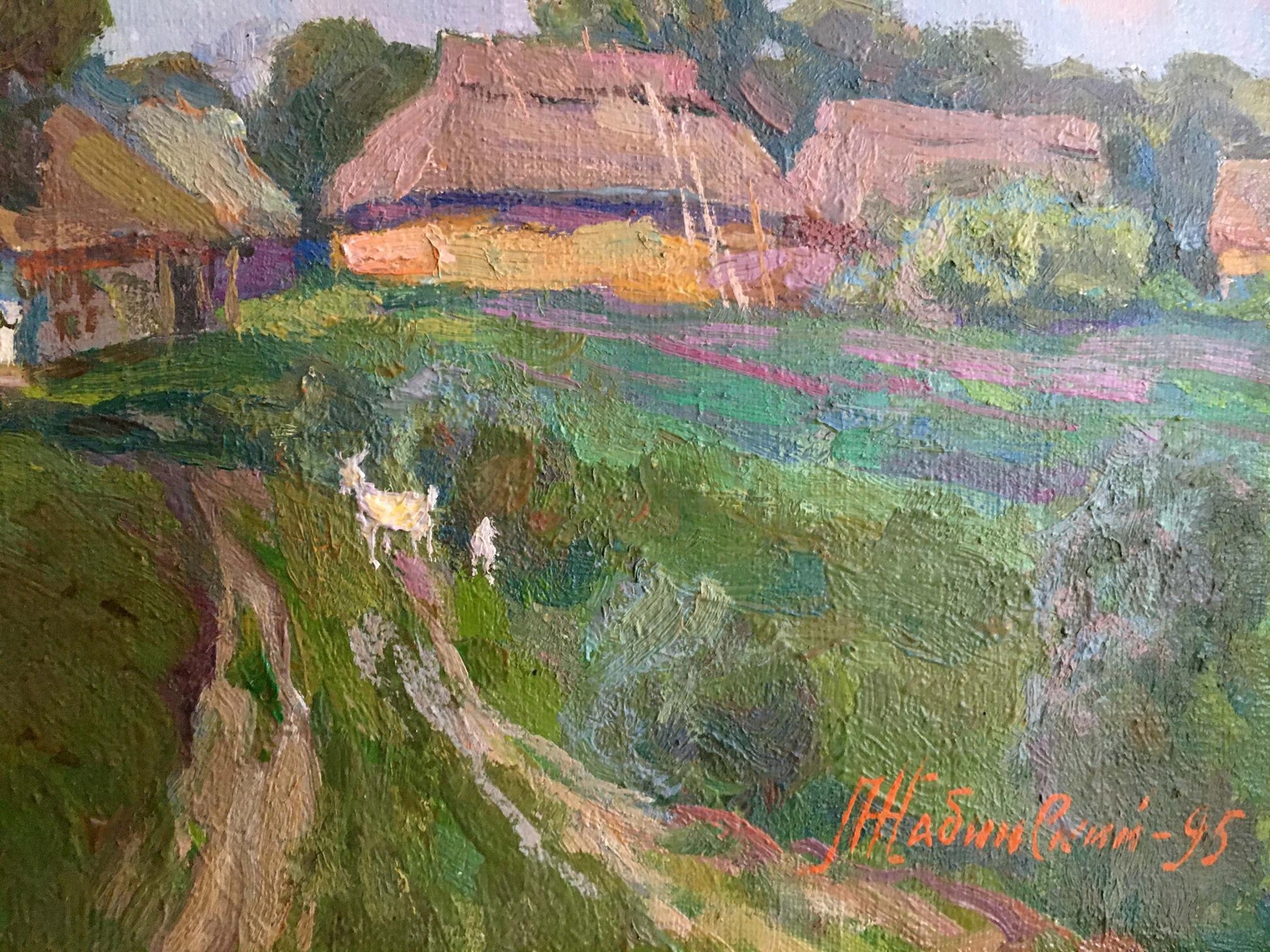 Vibrant 1953 oil painting of village landscape by Zhabinsky Leonid Andreevich