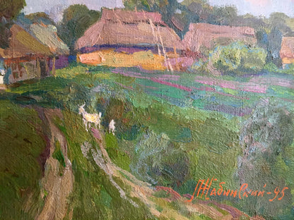 Vibrant 1953 oil painting of village landscape by Zhabinsky Leonid Andreevich