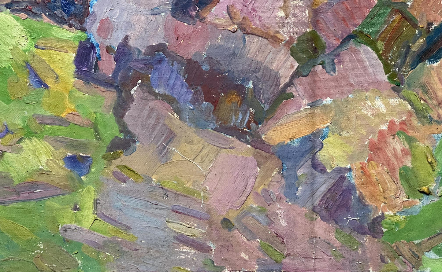 Vibrant abstract oil painting by Peter Dobrev with bold green, pink, purple, yellow strokes