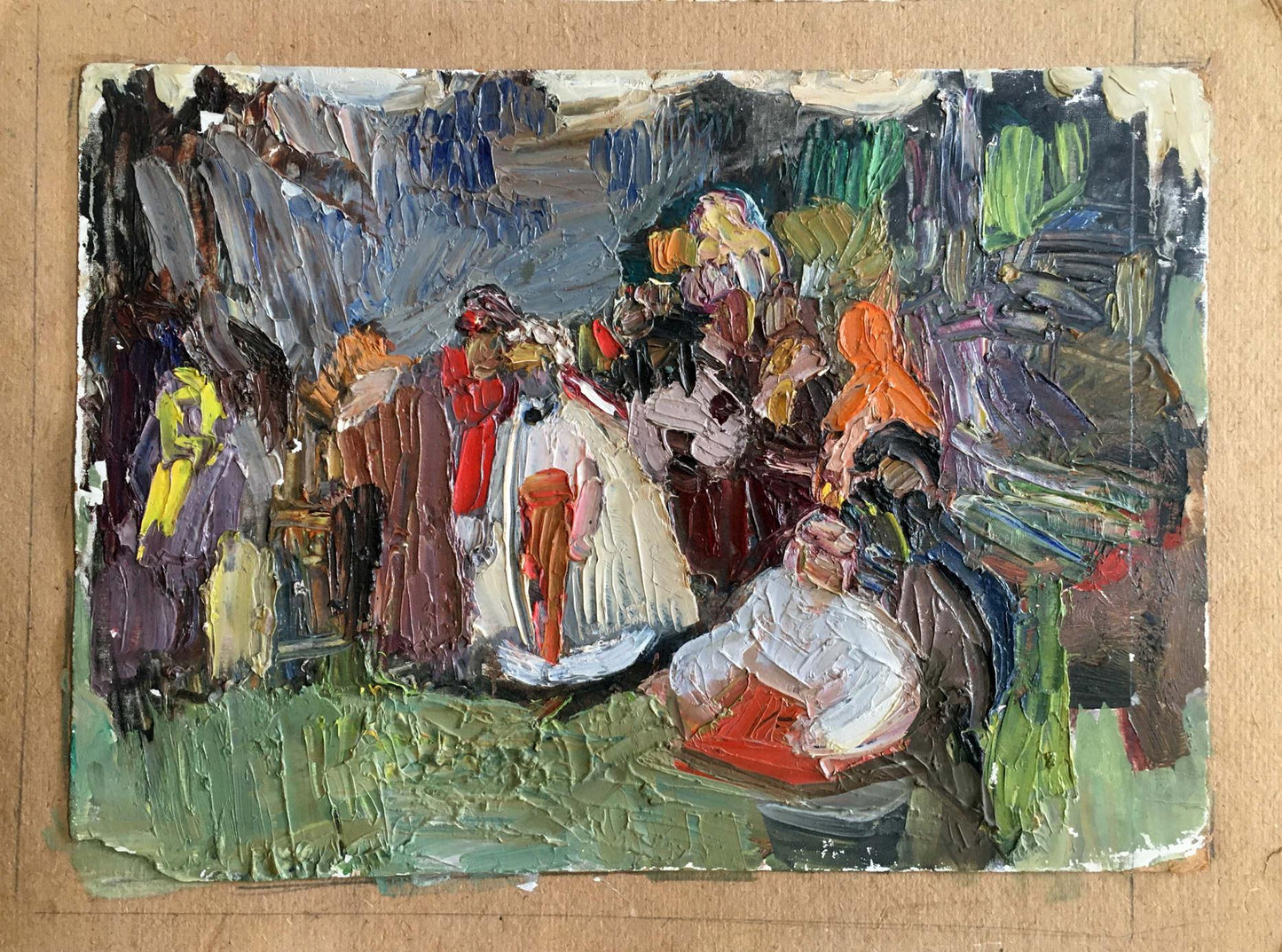 Vibrant oil painting of people on a picnic, lively outdoor gathering in colorful attire