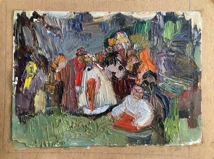Vibrant oil painting of people on a picnic, lively outdoor gathering in colorful attire