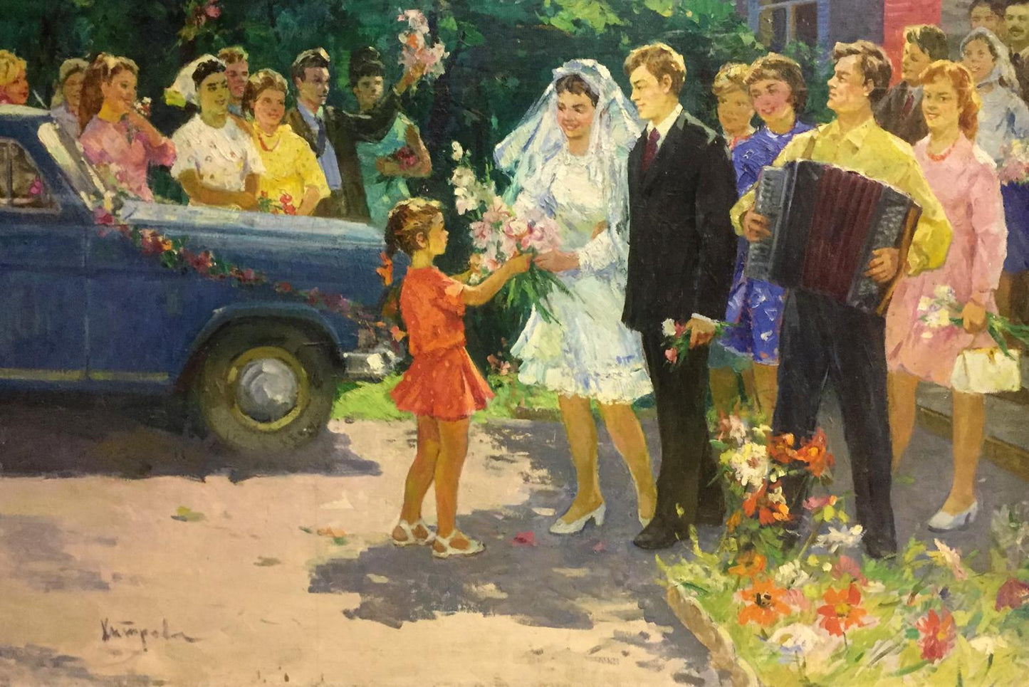 Blue vintage car with floral garlands oil painting by Khitrova Tamara Aleksandrovna
