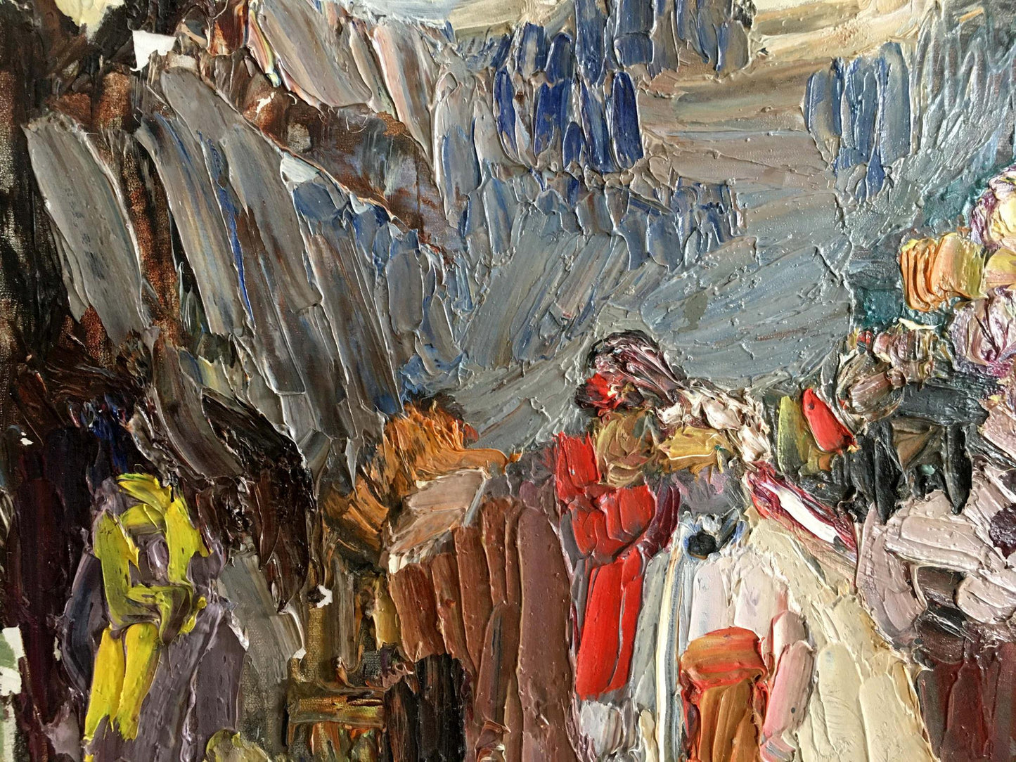 Vibrant impressionistic oil painting of people on a picnic with bold colorful strokes
