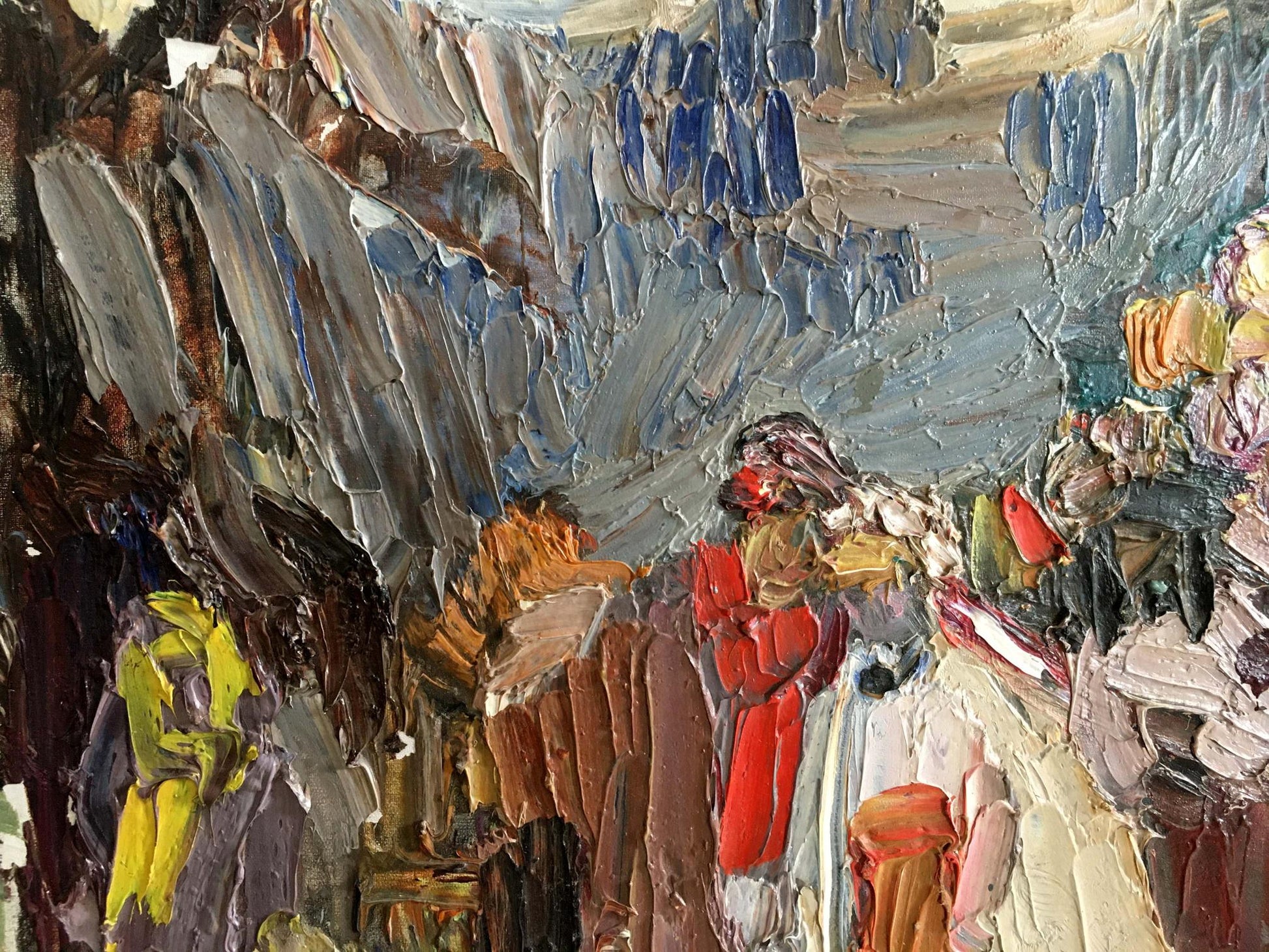 Vibrant impressionistic oil painting of people on a picnic with bold colorful strokes