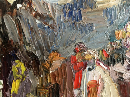 Vibrant impressionistic oil painting of people on a picnic with bold colorful strokes