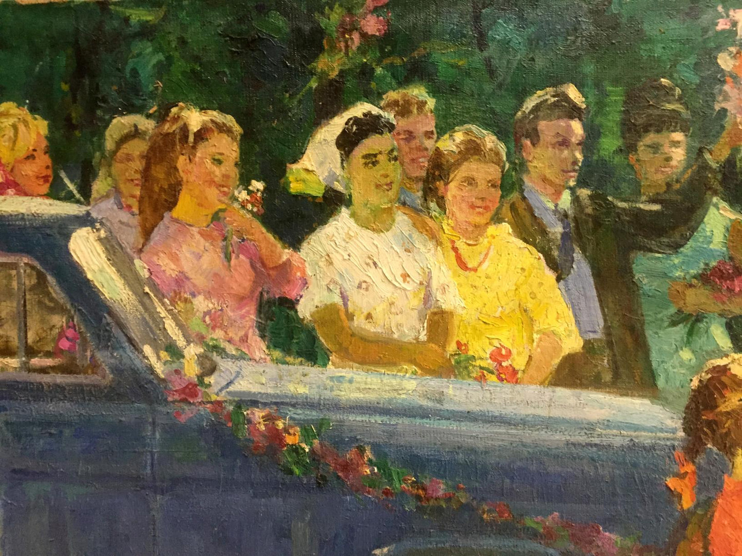 Oil painting by Khitrova Tamara Aleksandrovna of blue vintage car with floral garland in wedding procession