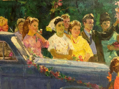 Oil painting by Khitrova Tamara Aleksandrovna of blue vintage car with floral garland in wedding procession