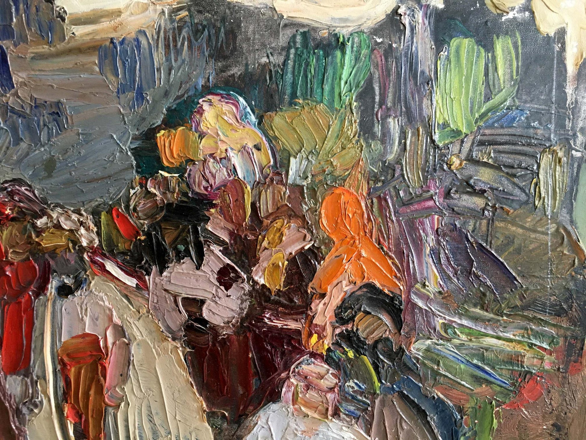 Vibrant impasto oil painting of people on a picnic in rich reds and purples