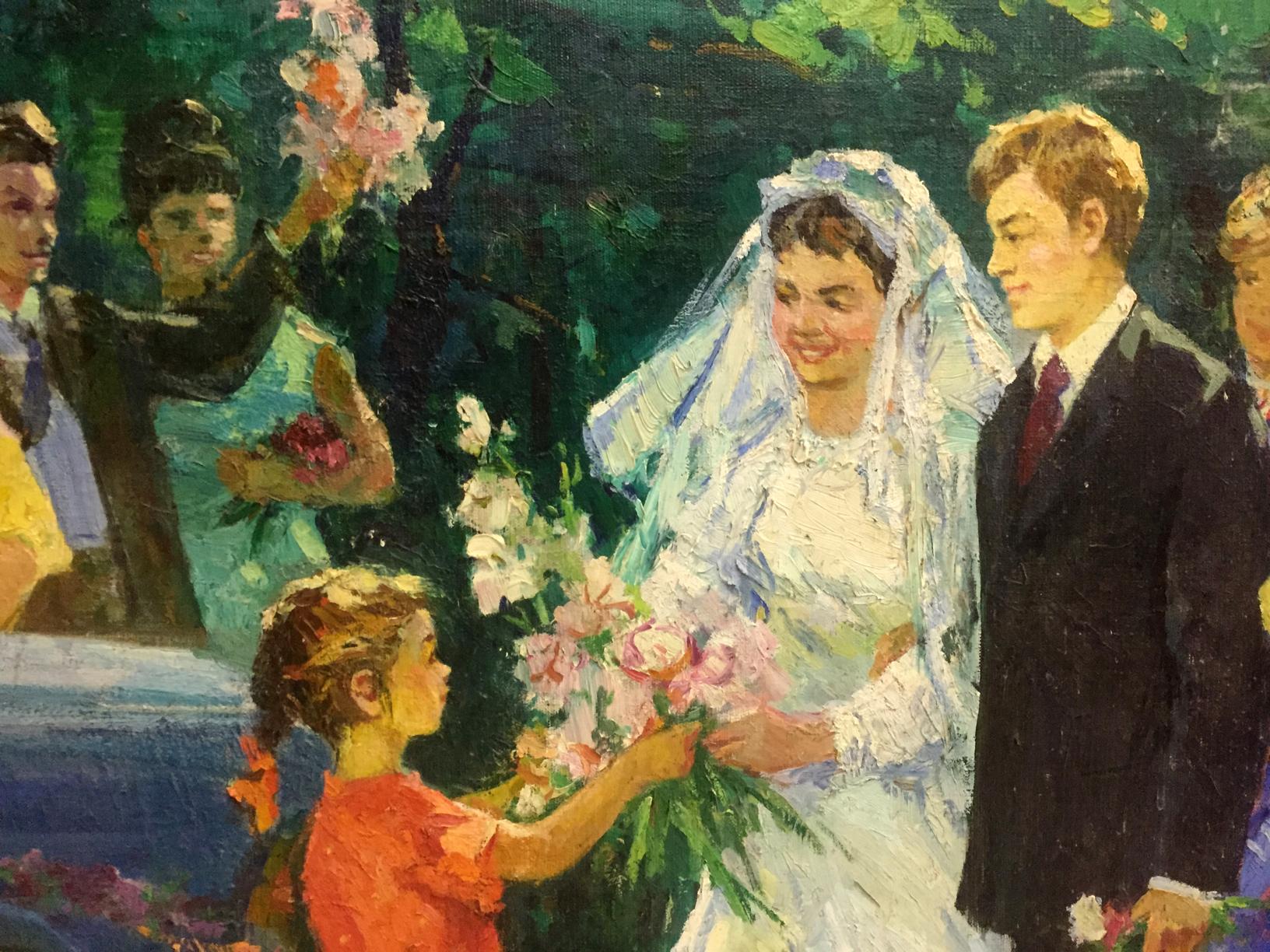 Oil painting by Khitrova Tamara Aleksandrovna: bride in lace gown with groom
