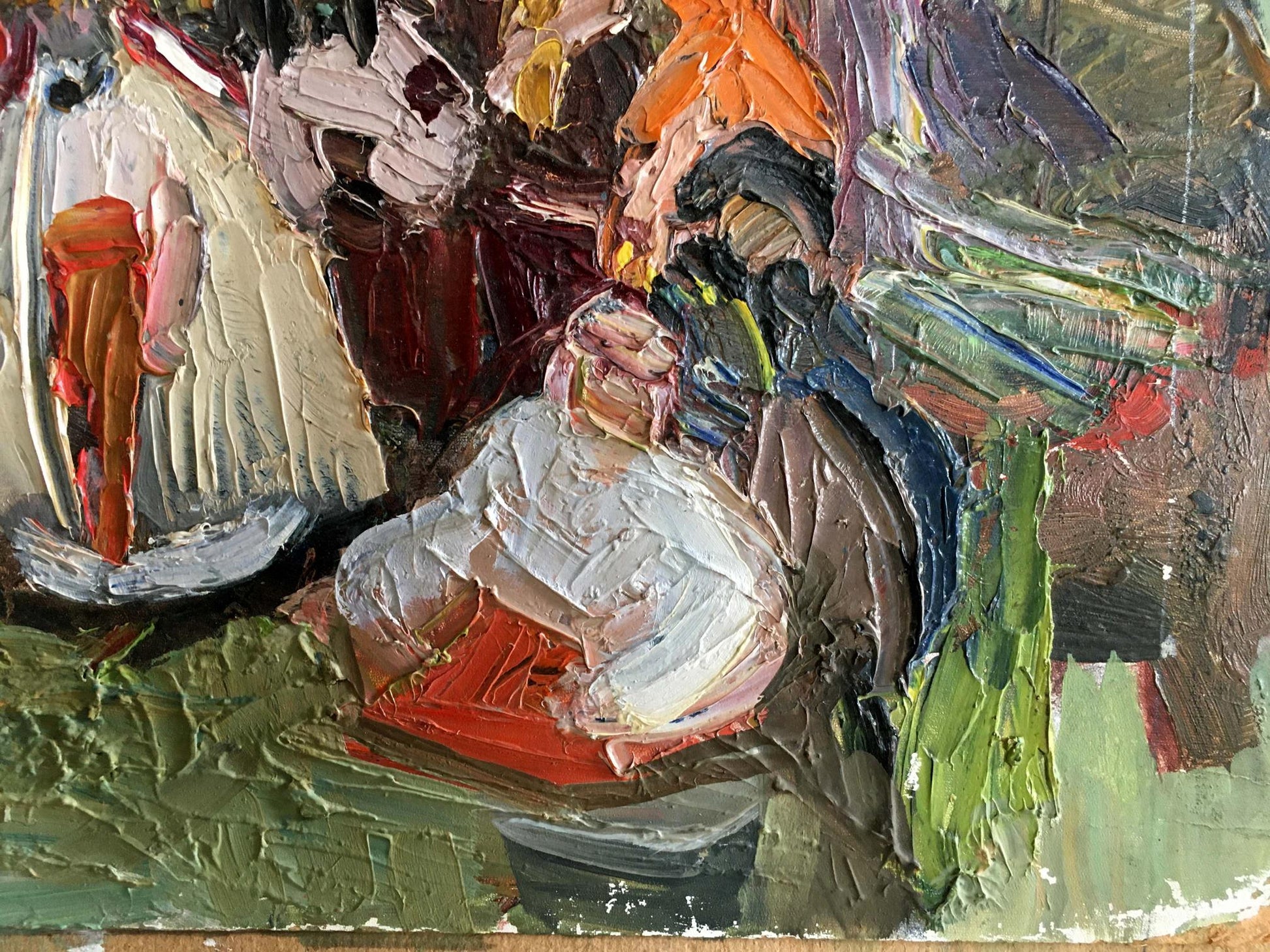 Oil painting of people on a picnic with bold textured brushstrokes