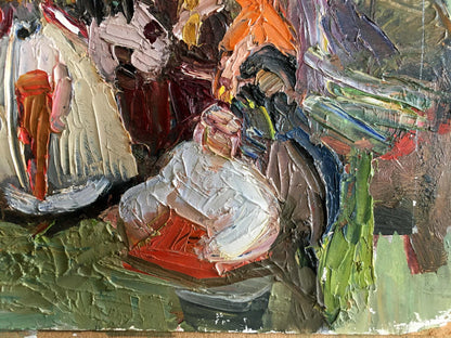 Oil painting of people on a picnic with bold textured brushstrokes