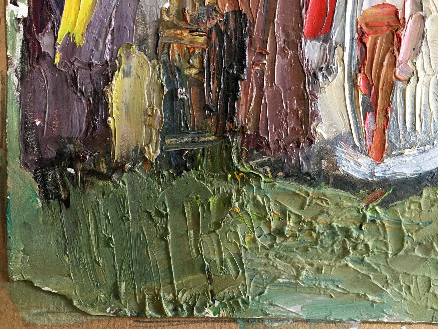 Textured impasto oil painting of people on a picnic in earthy tones