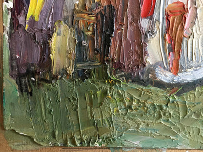 Textured impasto oil painting of people on a picnic in earthy tones