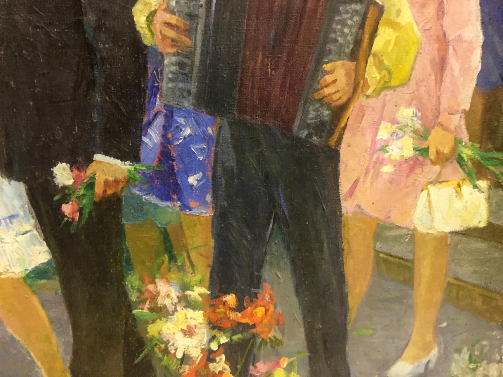 Oil painting by Khitrova Tamara Aleksandrovna: man in suit holds reddish-brown accordion