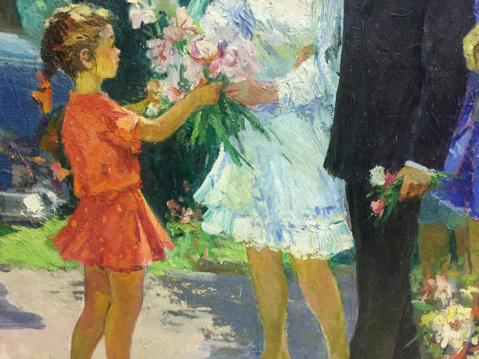 Oil painting by Khitrova Tamara Aleksandrovna: girl in orange dress holds flowers