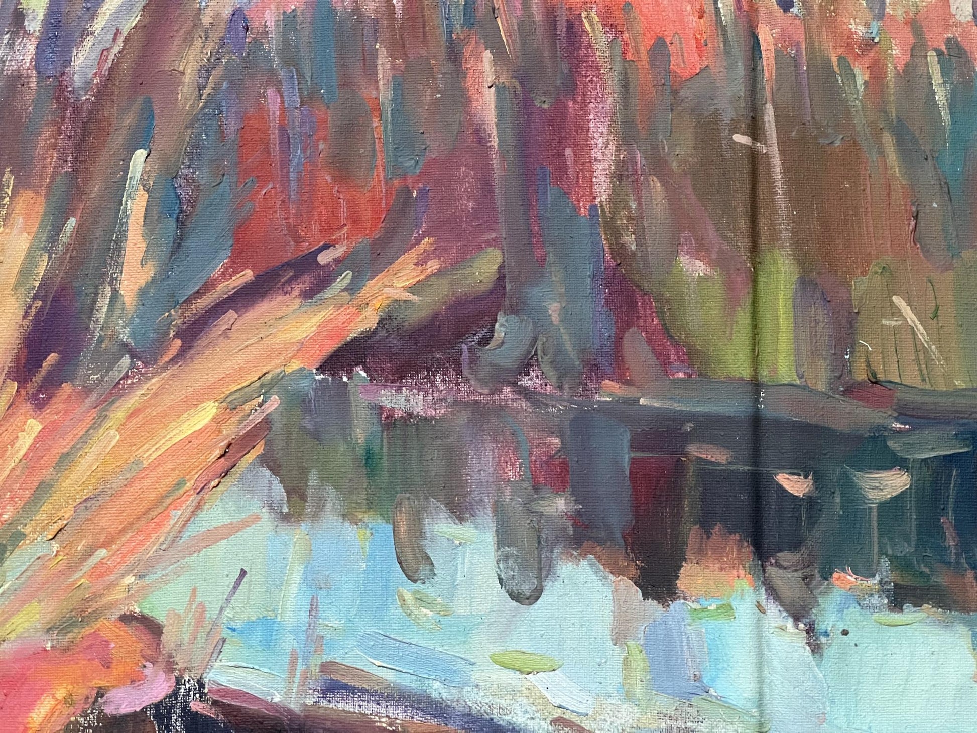 Abstract oil painting "Autumn Reflection" by Dobrev, portraying nature's seasonal shift.