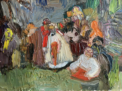 Vibrant impressionistic oil painting of people picnicking in bustling market