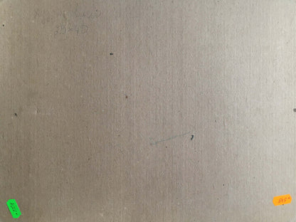 Back of Oil painting People on a Picnic: gray textured paper with faint pencil marks and corner stickers