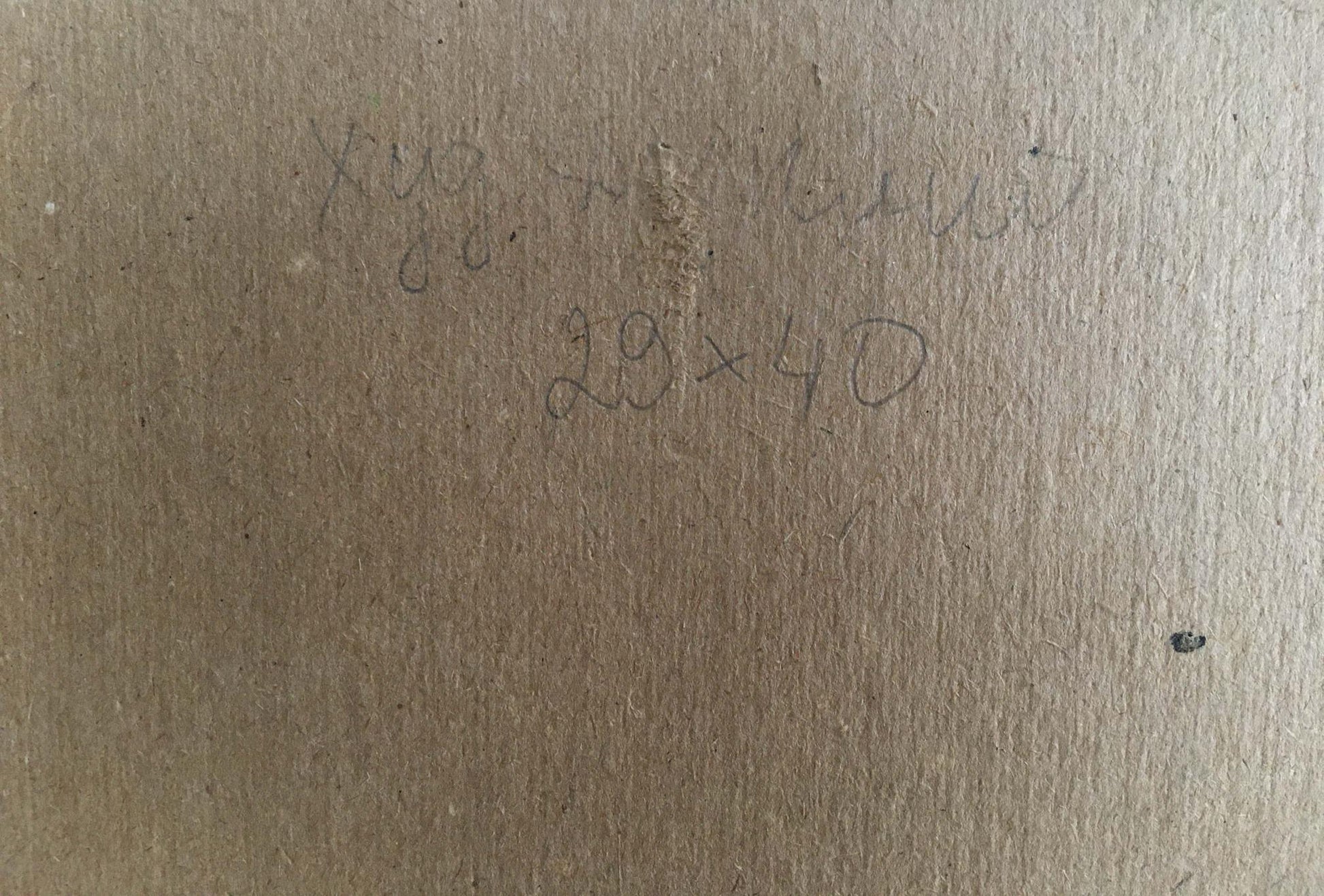 Back of Oil painting People on a picnic with pencil measurements on cardboard