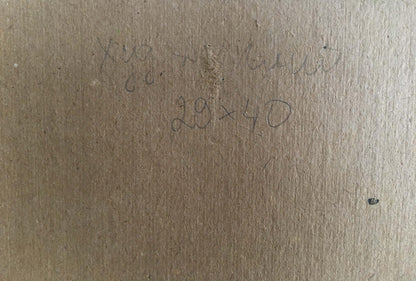 Back of Oil painting People on a picnic with pencil measurements on cardboard