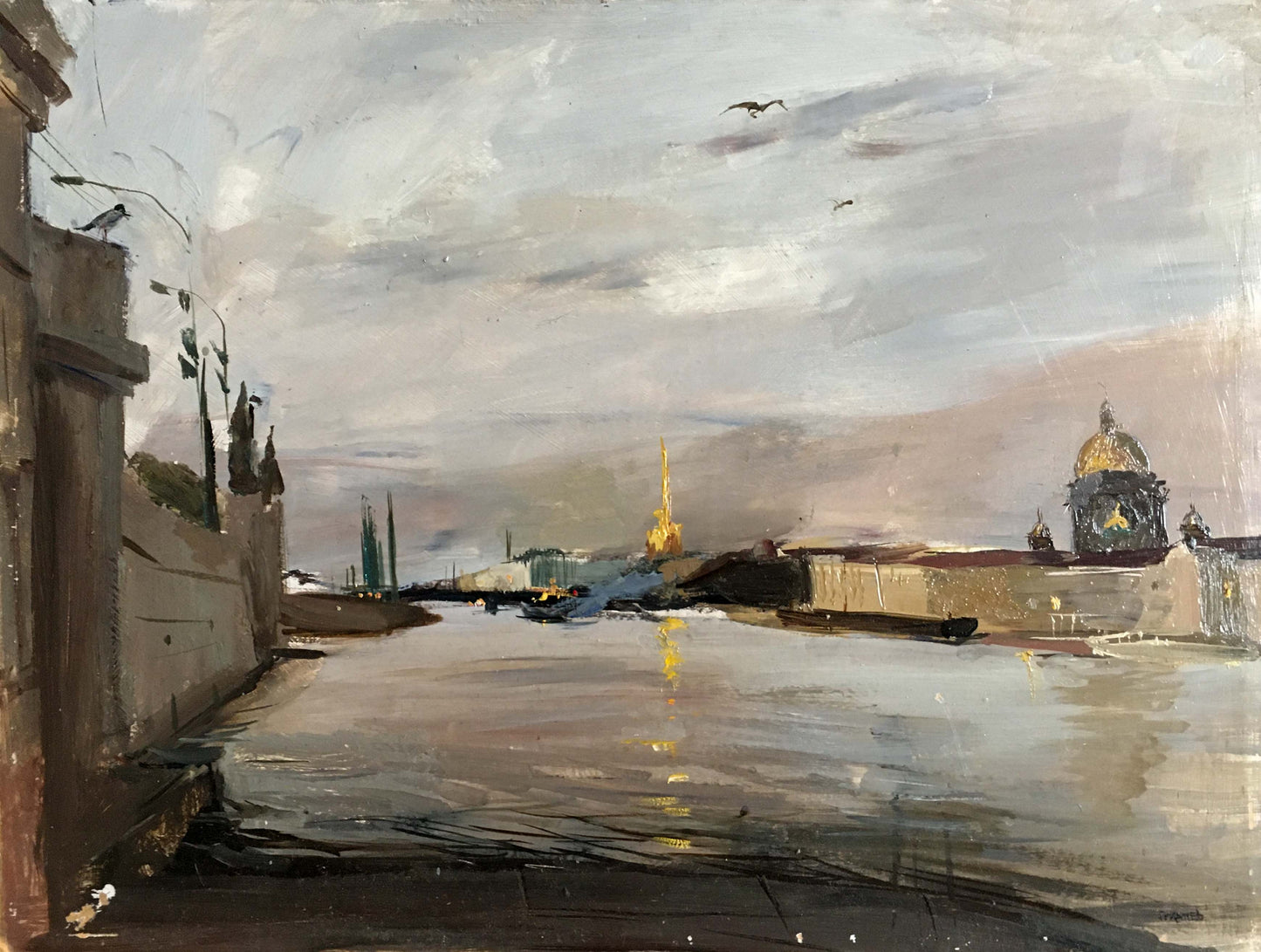 Muted impressionistic oil painting by Gridnev Valery Borisovich: river scene with golden domes