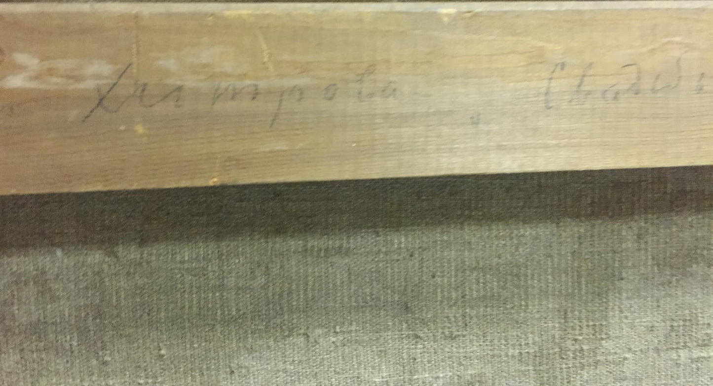Back of oil painting by Khitrova Tamara Aleksandrovna with light brown wooden frame and handwritten inscription