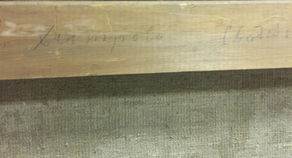 Back of oil painting by Khitrova Tamara Aleksandrovna with light brown wooden frame and handwritten inscription