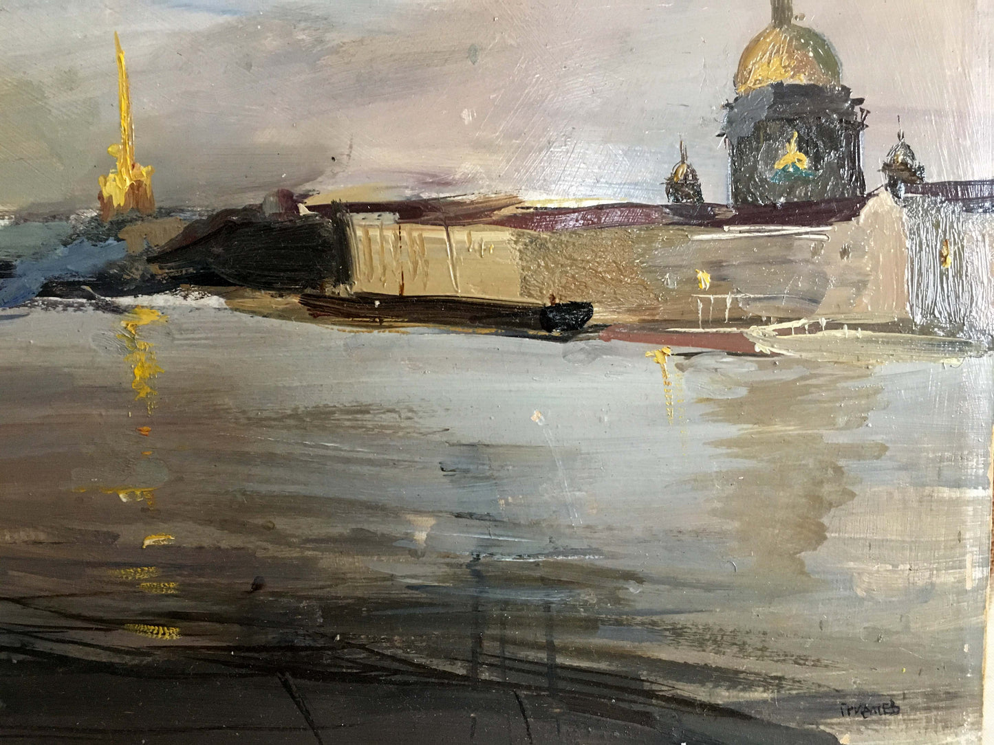 Oil painting by Gridnev Valery Borisovich: golden cathedral in murky water