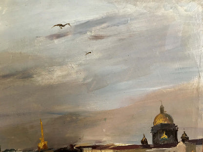 Oil painting by Gridnev Valery Borisovich: golden-domed cathedral under cloudy sky