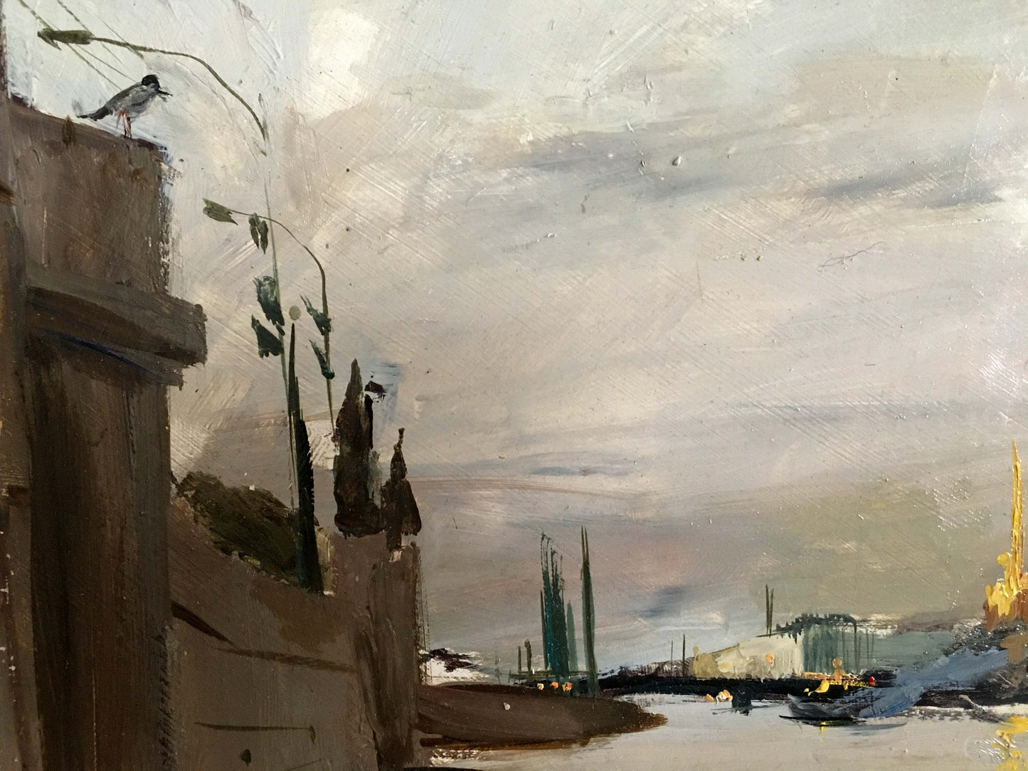 Muted impressionistic oil painting by Gridnev Valery Borisovich: riverside industrial scene