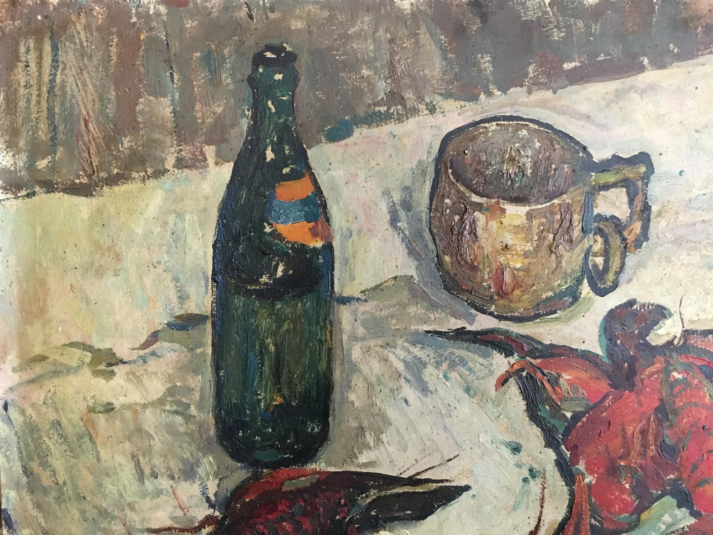 Oil painting Cancer on the table by Sakhnenko Victor Ivanovich with dark green glass bottle and faded orange blue label