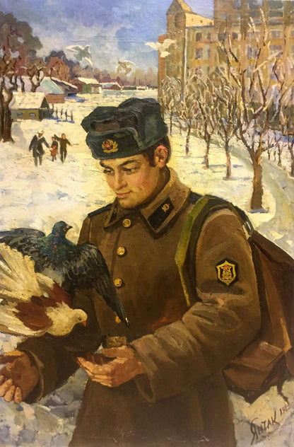 Oil painting by Yanchak Elena Vatslavovna: Soldier with pigeons