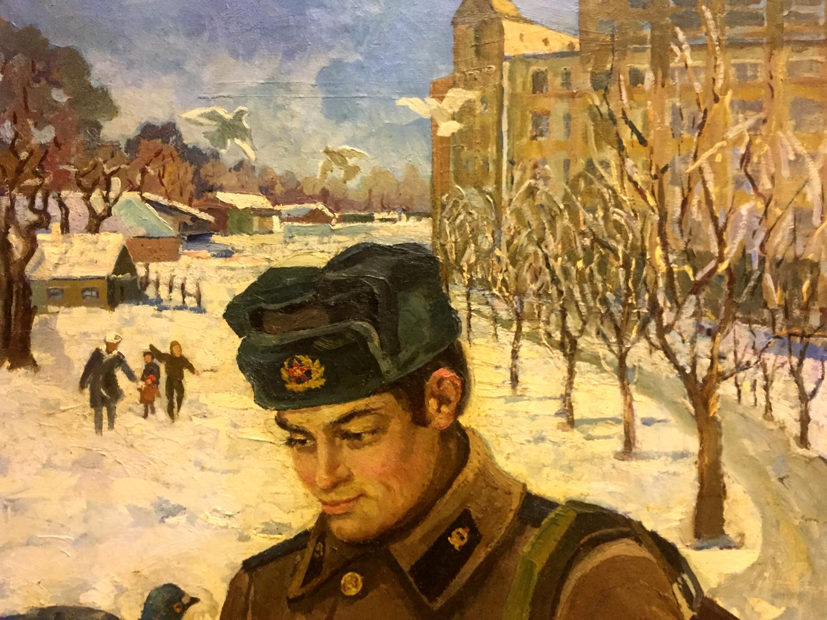Oil painting by Yanchak Elena Vatslavovna: soldier returns home in snowy city