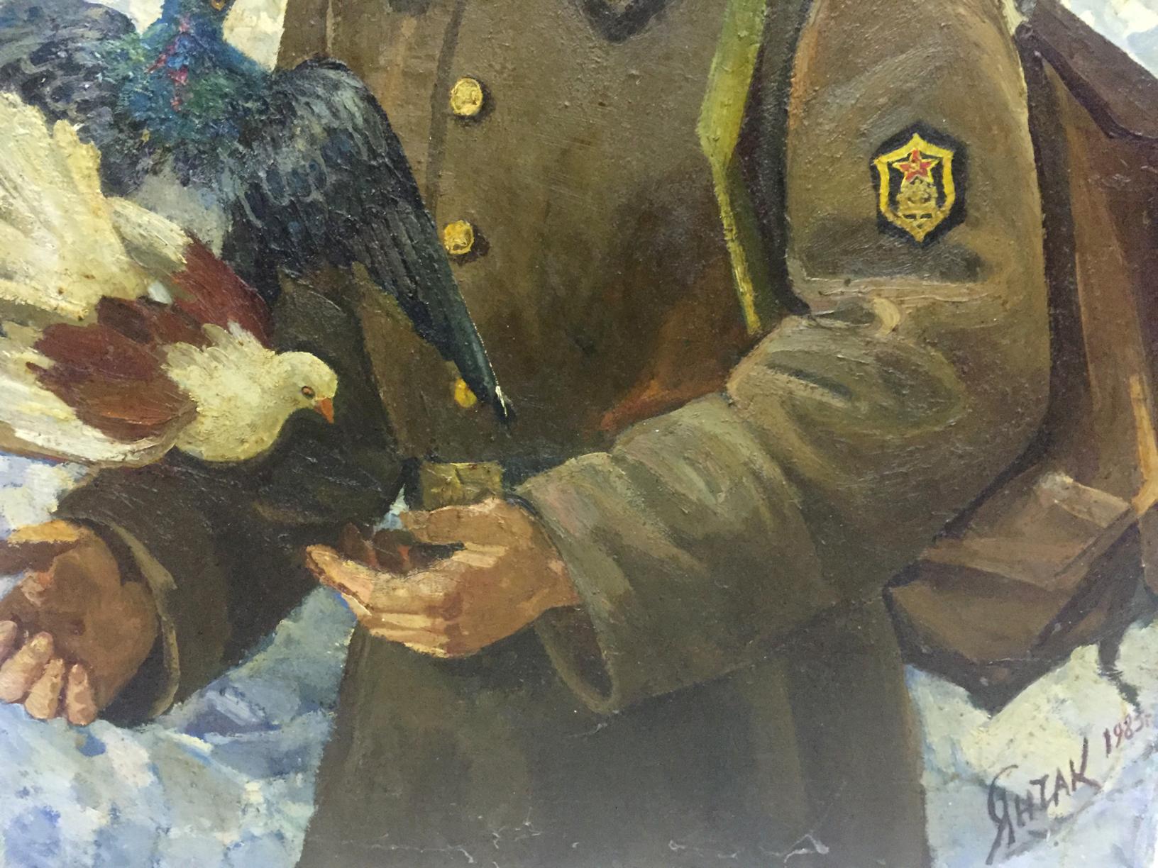 Oil painting of soldier’s olive-green uniform with gold buttons and red-star insignia by Yanchak Elena Vatslavovna