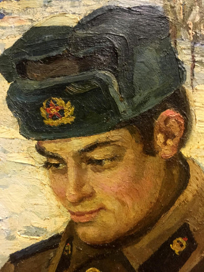 Dark green military cap with gold red emblem in Yanchak Elena painting