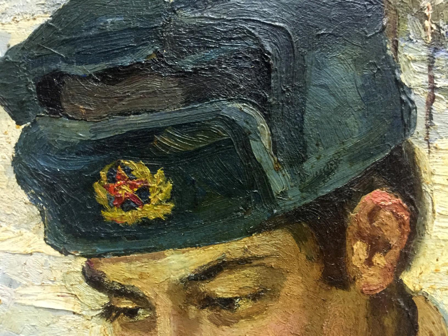 Dark green military cap with gold red emblem in Yanchak Elena Vatslavovna oil painting