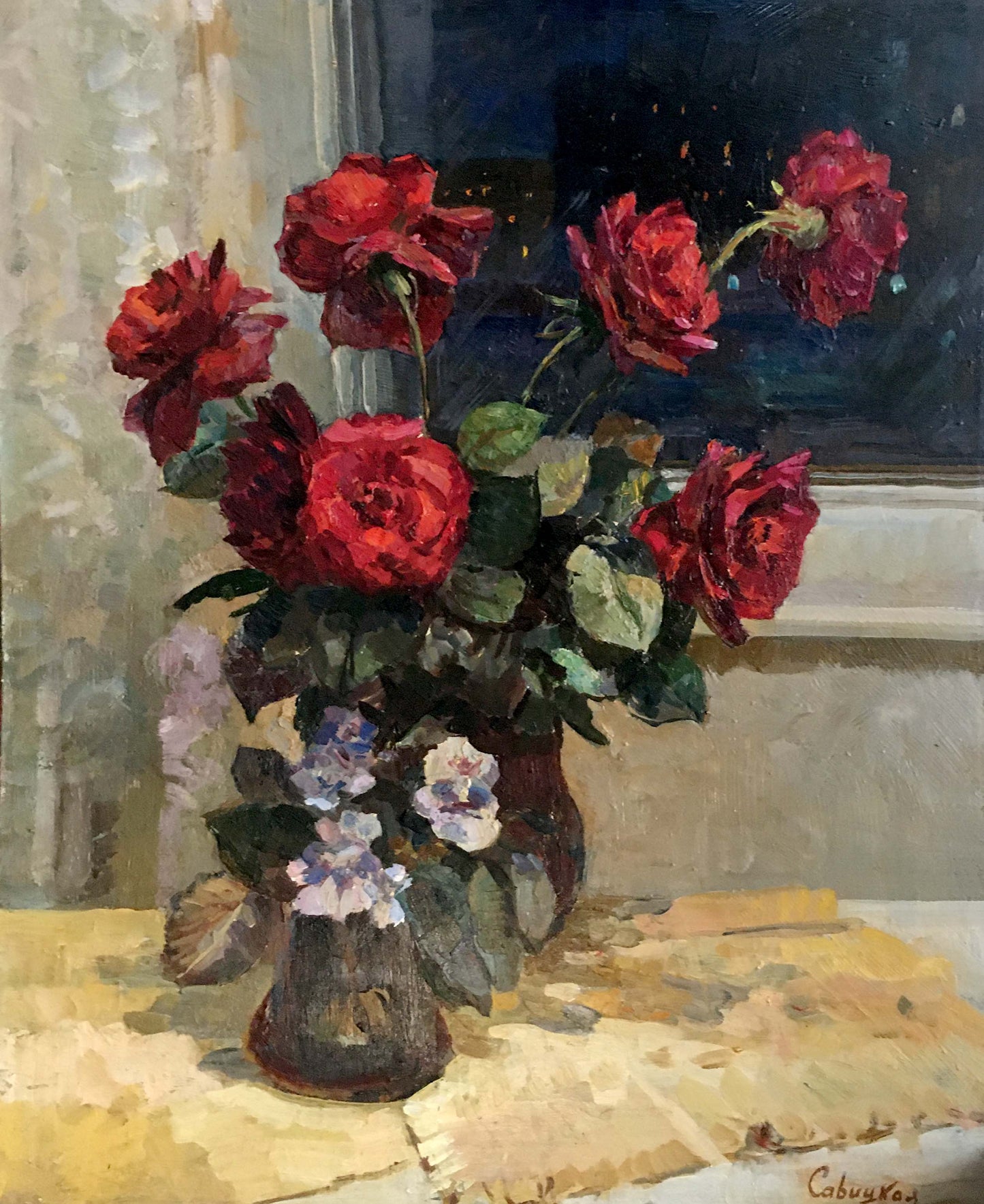 Oil painting of red roses by Natalya Alexandrovna Savitskaya