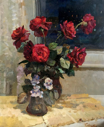 Oil painting of red roses by Natalya Alexandrovna Savitskaya