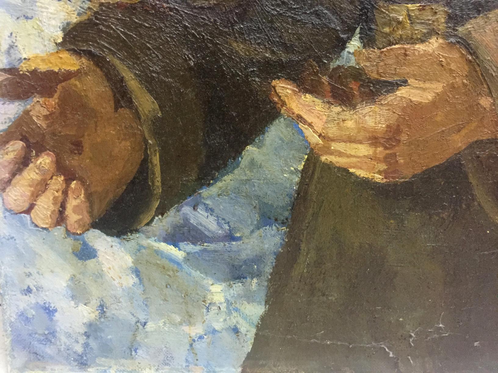 Oil painting of two hands shaking in Return of the Soldier by Yanchak Elena Vatslavovna