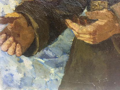 Oil painting of two hands shaking in Return of the Soldier by Yanchak Elena Vatslavovna
