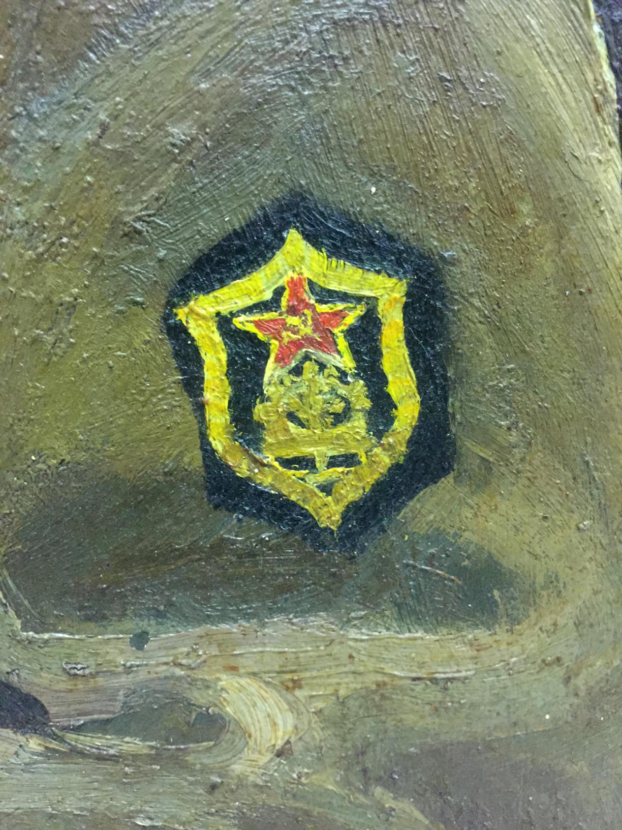 Oil painting by Yanchak Elena Vatslavovna: textured olive-green emblem with yellow shield and red star